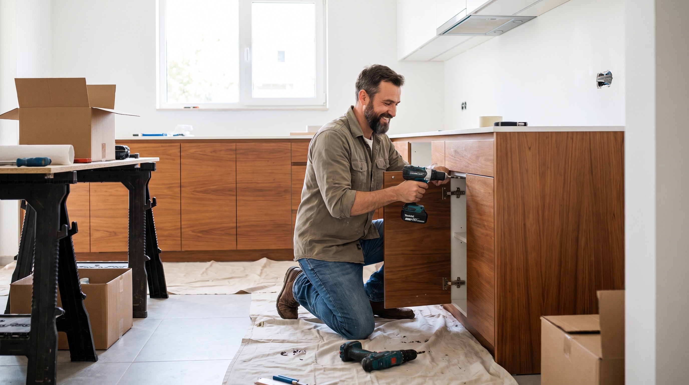 Before-and-after look at a freshly painted interior wall with new baseboards